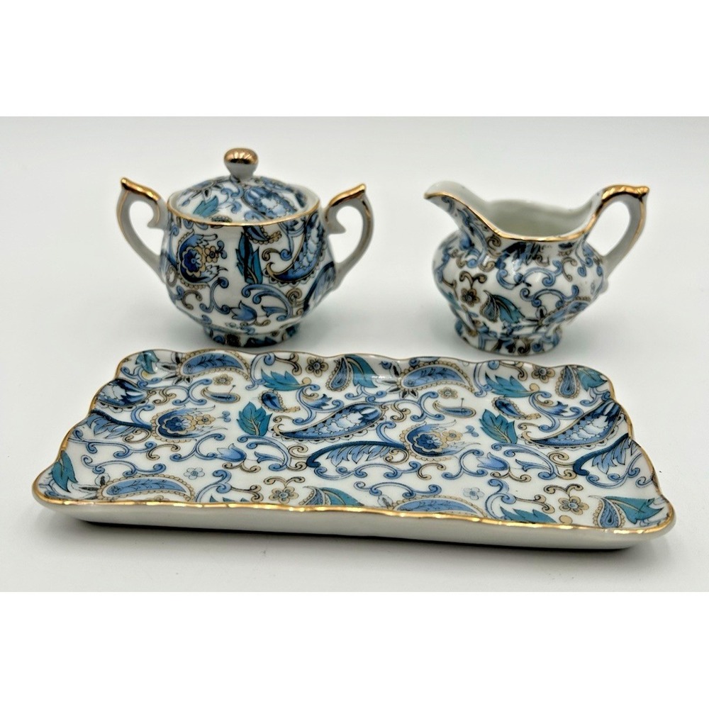 Vntg Lefton China Petite Sugar Creamer & Tray Blue Gold Paisley Gold Accent Set
